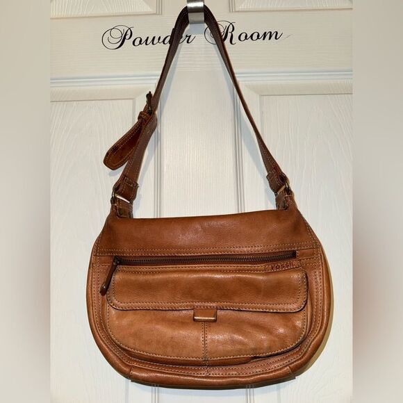 Vintage FOSSIL Everyday Hobo Cognac Leather Shoulder Hand Bag Retro Y2K Purse - Picture 1 of 6